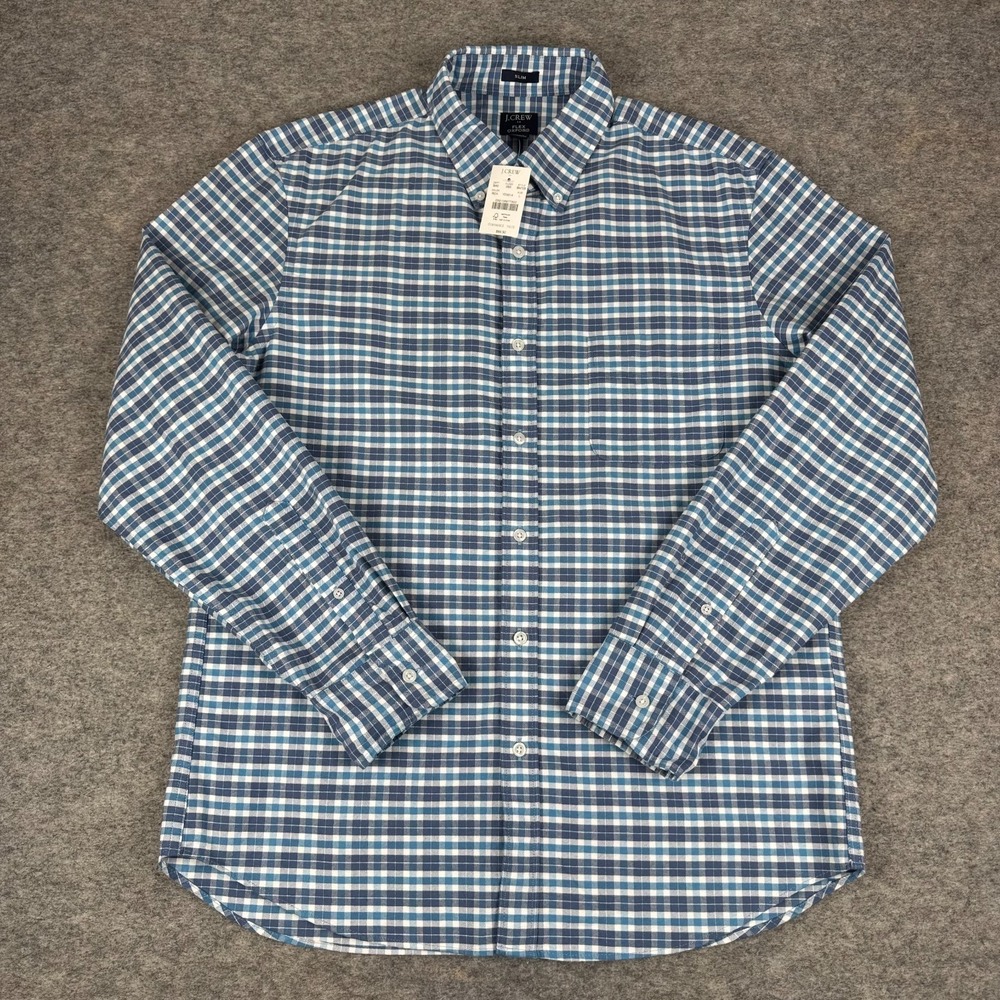 J Crew Flex Oxford Button Down Shirt Slim Long Sleeve Plaid Blue Mens Large L